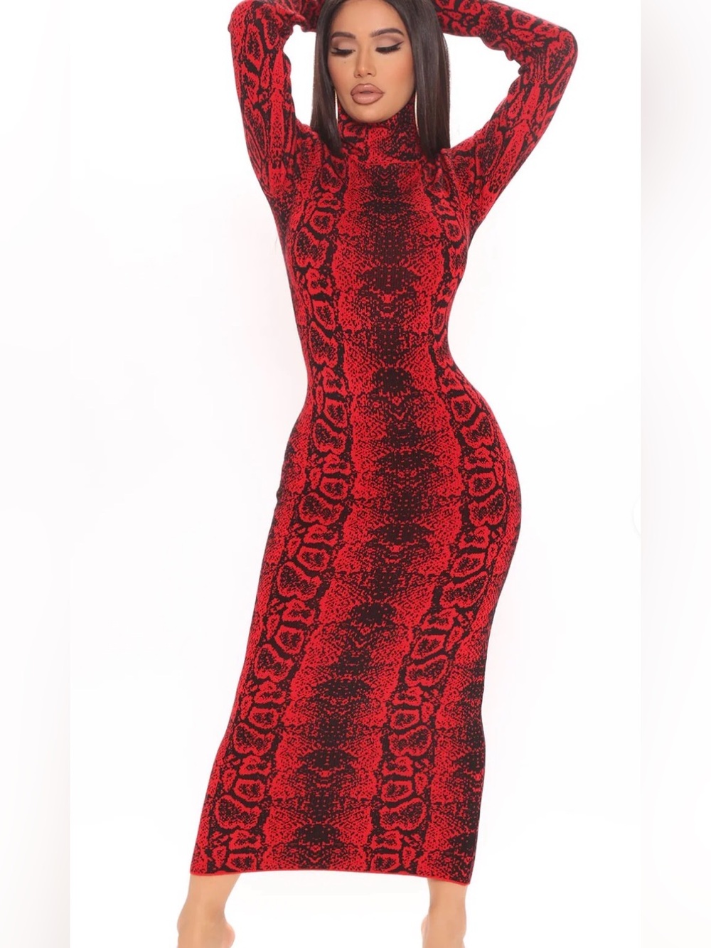 Saucy Red Snake-Print Long Sleeve Turtleneck Midi Dress